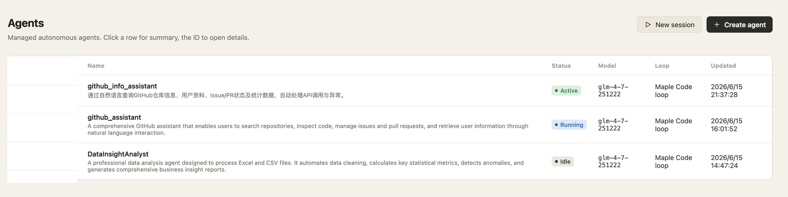 OpenMaple agents registry real console screenshot inside the managed agents section