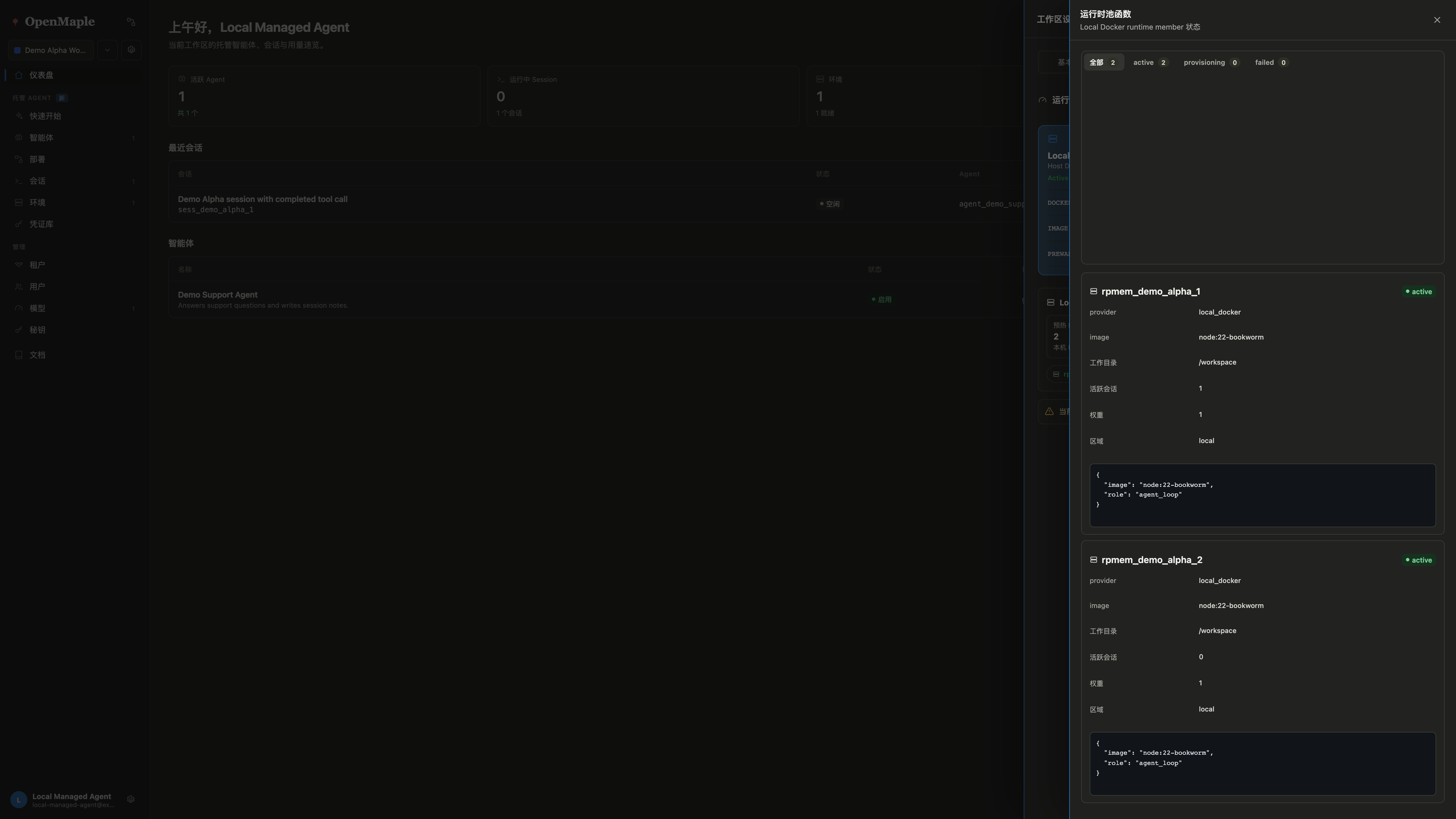 OpenMaple local Docker runtime pool members drawer