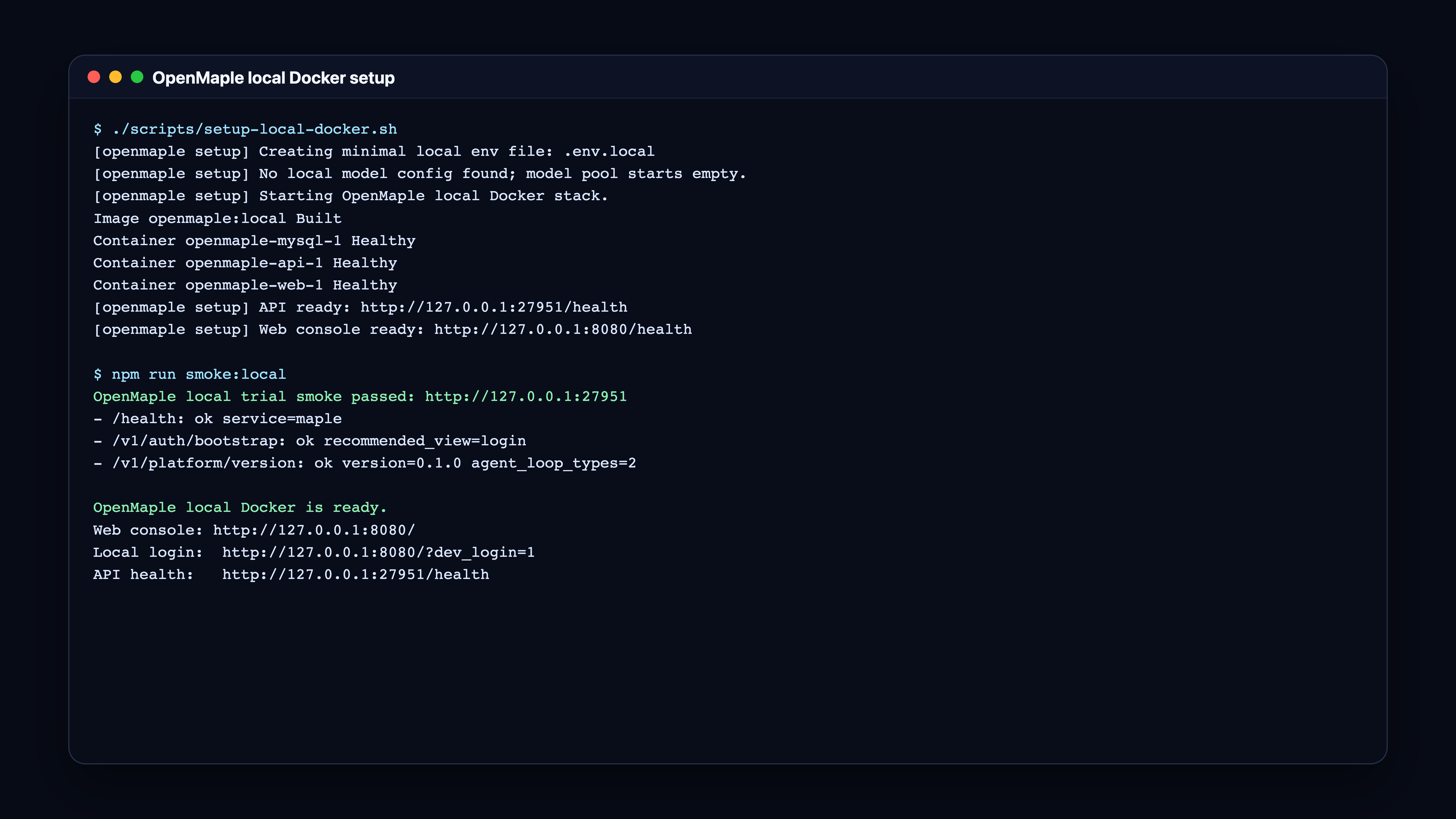 OpenMaple local Docker setup terminal output with health checks and local login URL