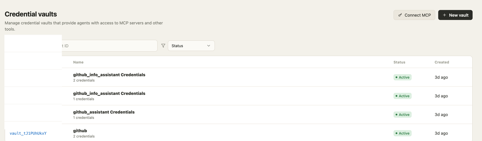 OpenMaple credential vaults real console screenshot inside the managed agents section